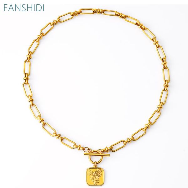

pendant necklaces fanshidi stainless steel square rose flower charm necklace for women toggle choker bow-knot chain statement jewelry, Silver