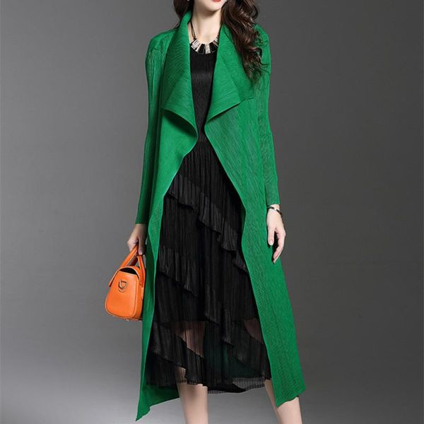 

women's trench coats spring fashion pleated long windbreaker turn down collar open cardigan shawl female coat, Tan;black
