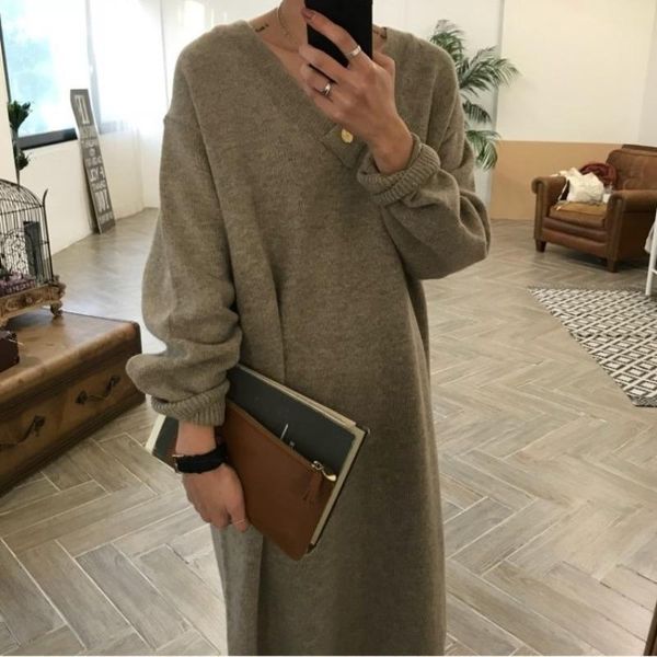 

casual dresses chic oversize thick long sweater dress women v-neck autumn winter straight female loose knit, Black;gray