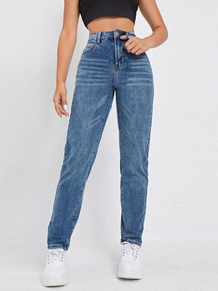 

high waist mom fit jeans l0z4#, Blue