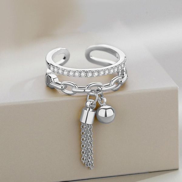 

cluster rings tassel pendant open ring for women bohemia 2021 trend zircon double layer silver color gift fashion jewelry kbr383, Golden;silver