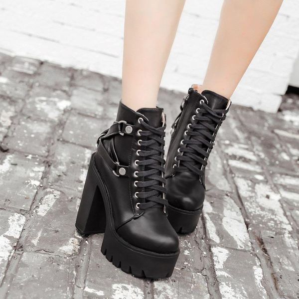 

boots waterproof platform strap high heel women round head back belt buckle decorative square, Black