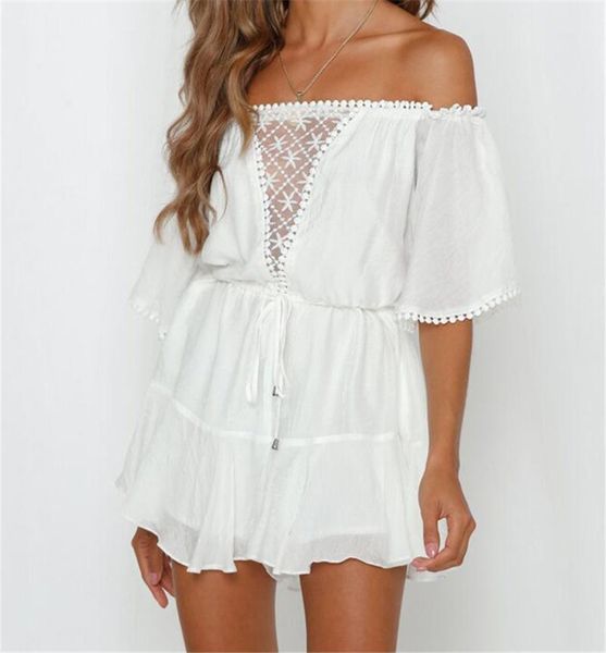 

women's jumpsuits & rompers white lace summer urban women off shoulder playsuit shorts ladies elegant backless ruffle romper overalls, Black;white