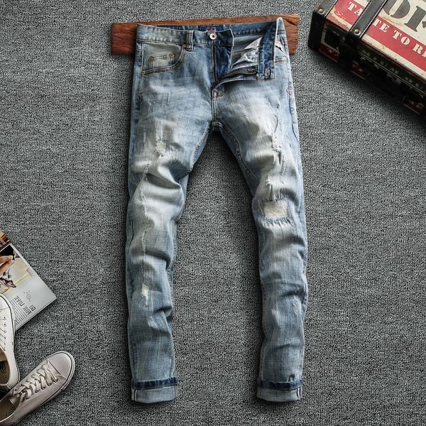 

2021 new italian style fashion men jeans retro light blue elastic slim fit ripped denim trousers streetwear vintage designer cotton pants us