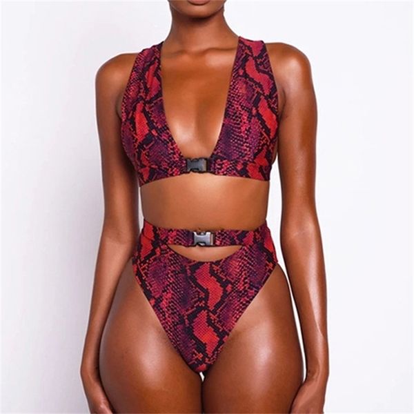 Schnalle Hohe Taille Bikini Set Afrikanische Bademode Frauen Badeanzug Sexy Red Snake Print Badeanzug Weibliche Bikinis Brasilianische 210624