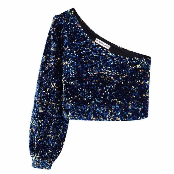 

flabbit new women single shoulder sequins short blouse shirts women high street nine quarter sleeve casual slim lx0617, White