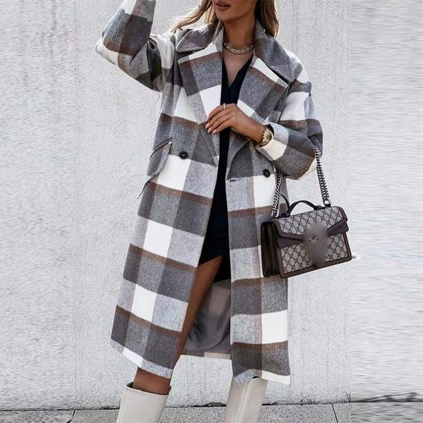 

women's wool & blends turn-down collar double breasted woolen coat 2021 fashion elegant ladies overcoats plaid long sleeve outerwear au, Black