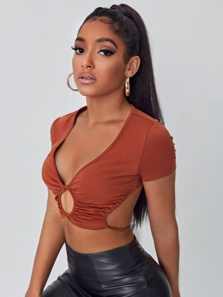 

o-ring ruched tie backless crop 65tc#, White