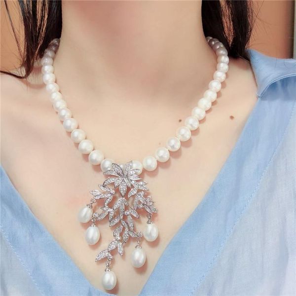 

chains hand knotted natural 8-9mm white freshwater pearl leaves micro inlay zircon accessoriese clasp sweater necklace long 45 cm, Silver