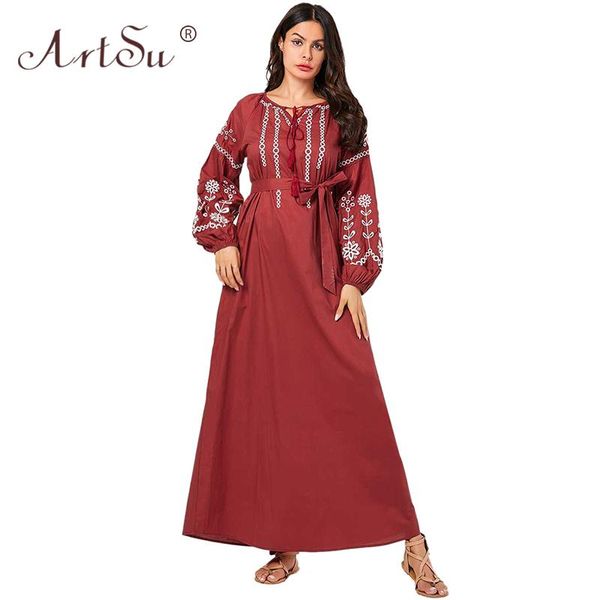 

casual dresses abaya muslim dress red long 2021 autumn winter women lantern sleeve floral embroidery ethnic plus size, Black;gray