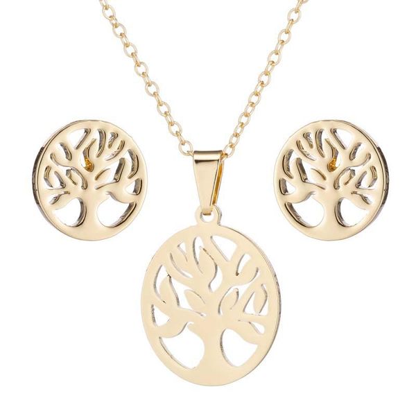 

pendant necklaces three-piece stainless steel round hollow tree of life jewelry woman 2021 fashion non-fading necklace earrings gift, Silver