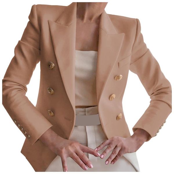 

women's jackets classic double breasted metal lion buttons fashion women solid color casual suit temperament button long-sleeved jacket, Black;brown