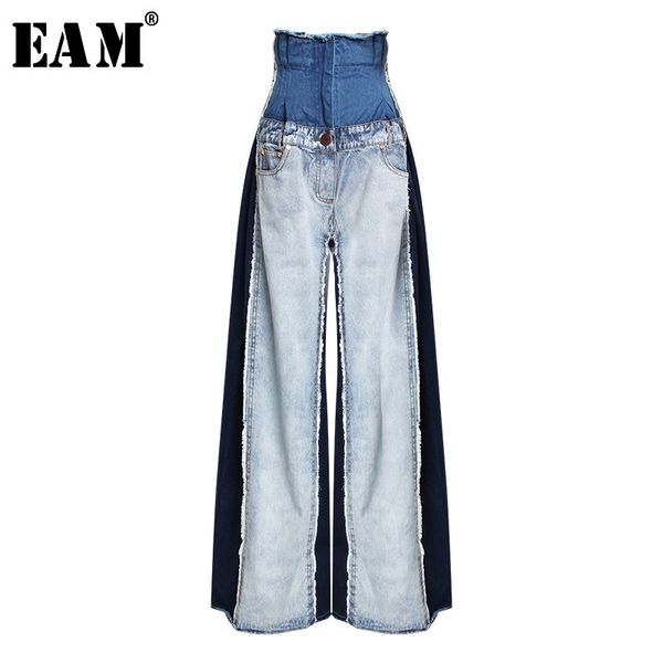 

[eam] new spring summer high waist loose hit color denim pocket blue long wide leg jeans women trousers fashion tide jr841 210222