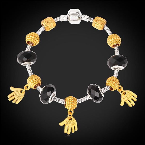 

charm bracelets fashion charms bracelet for women gold color rhinestone black crystal glass beads lucky hand diy h861, Golden;silver