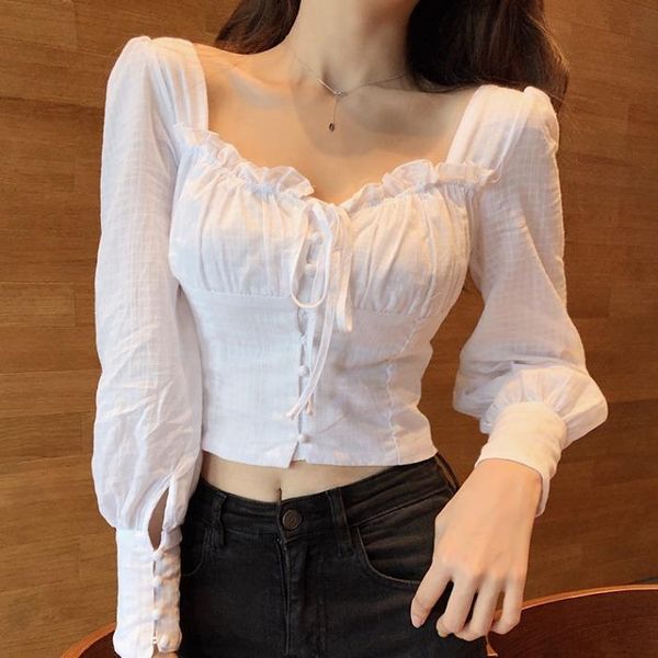 

women's blouses & shirts korean retro white crop women autumn blouse ladies square collar long puff sleeve high street slim womens clo
