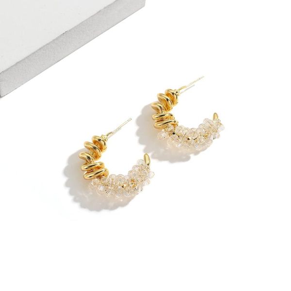 

hoop & huggie aensoa fashion crystal gold color metal earrings clear beaded alloy twist circle for women girls gift, Golden;silver