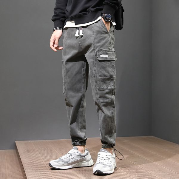 

2021 new japanese style fashion men jeans wide leg trousers loose fit big pocket casual cargo pants streetwear designer hip hop joggers e6zd, Blue