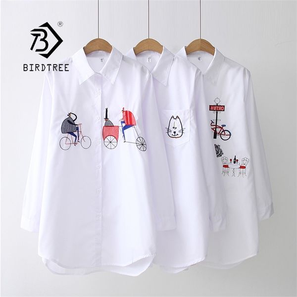 

new white shirt casual wear button up turn down collar long sleeve cotton blouse embroidery feminina t8d427m 210308
