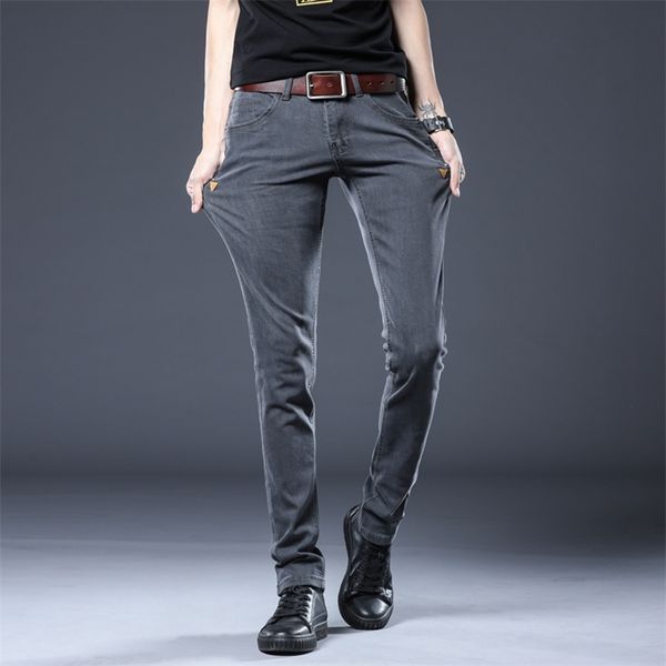 Browon stile coreano jeans magro jeans uomo strappato moda medio vita lungo lunghezza antidolorifico pantalone in denim plus size matita sottile 210723