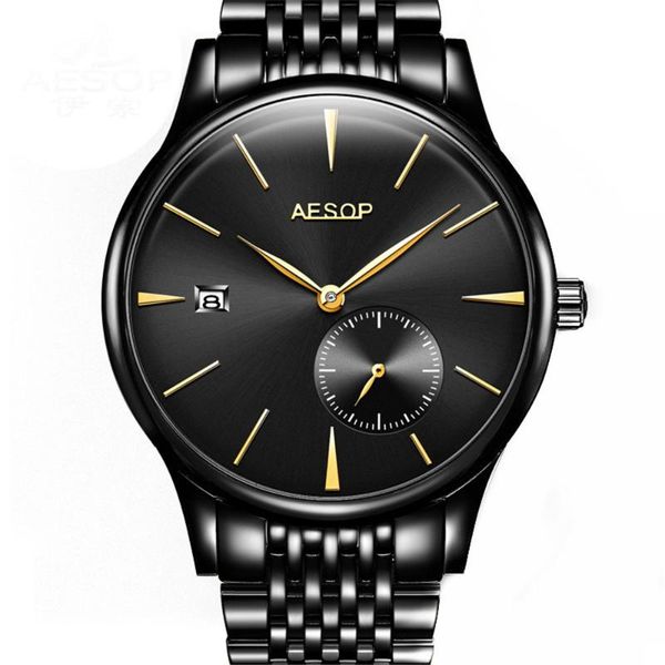 

wristwatches aesop classic mechanical men watch date calendar ultra thin 8.5mm luxury fashion leather automatic clock relogio masculino, Slivery;brown