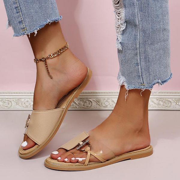 

slippers women sandals summer imitation straw mid-heel flat beach shoes non-slip outdoor open-toe set foot flip-flops, Black