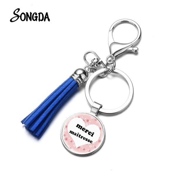 

high grade simple french merci maitresse tassel keychain fashion silver plated metal glass cabochon key chain gift for teachers