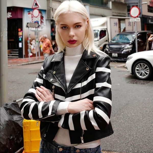 

fashion brand striped pu leather jacket female street style was thin zipper stitching short leather jacket wq202 dropship, Black