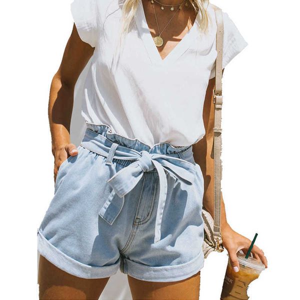 Vintage alta cintura plisse denim shorts mulheres verão lace up streetwear shorts jean w44 210526