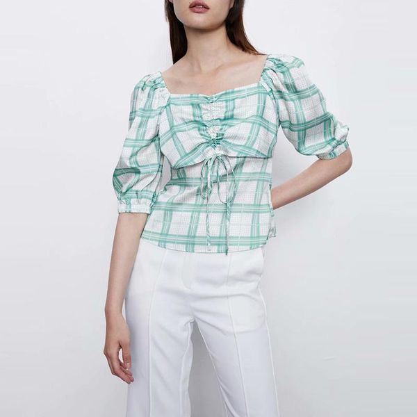 

women's blouses & shirts summer casual preppy style plaid blouse women square collar lace up pleated fashion pullover shirt ladies str, White