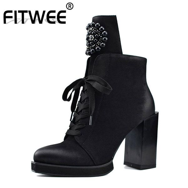 

boots fitweeautumn winter fashion lady ankle metal decoration crystal square high heels side zip women size 35-41, Black