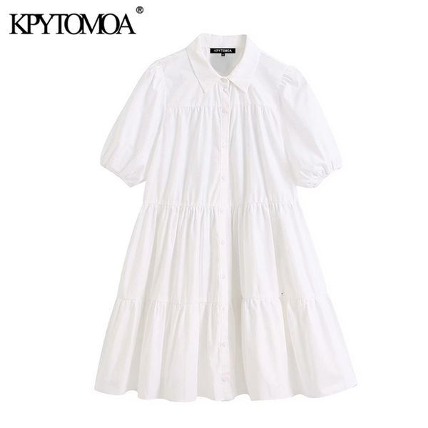 

kpytomoa women sweet fashion ruffled white mini dress vintage lapel collar puff sleeve female dresses chic vestidos mujer 210309, Black;gray