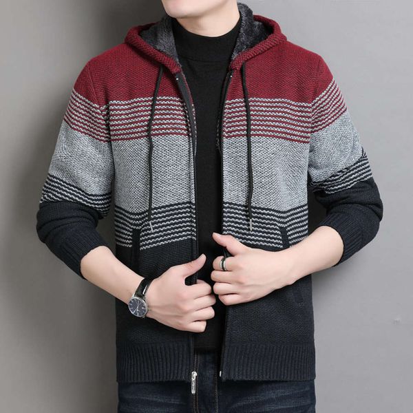 

2021autumn and winter 2020 new knitwear plush thickened color matching sweater men's coat hooded cardigan, White;black