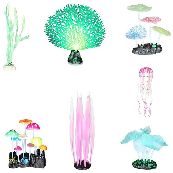 

decorations luminous kelp, sea anemone, imitation coral, jellyfish, lotus leaf, mushrooms for aquarium fish tank decoration