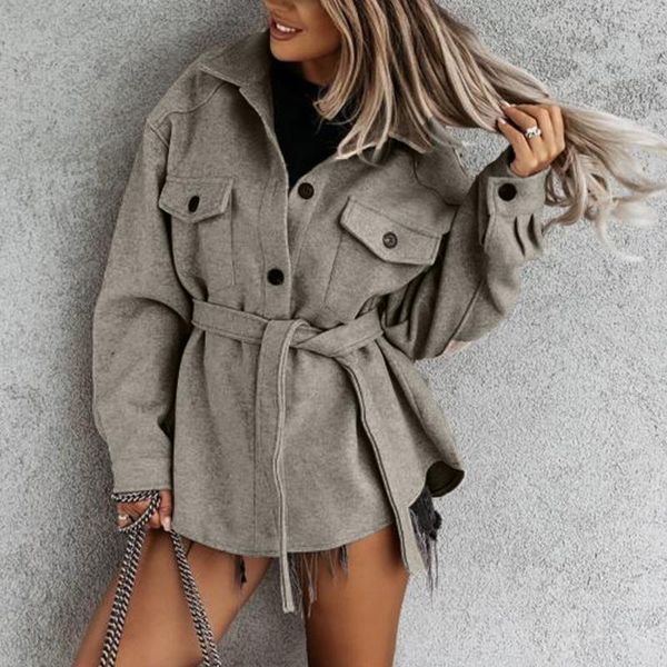 

women's jackets autumn and winter jacket womens fashion loose long-sleeved pure color woolen coat with straps elegant women slim, Black;brown