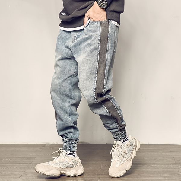 

2021 new japanese vintage fashion light blue stripe spliced designer denim cargo pants streetwear hip hop jeans men joggers ykrg