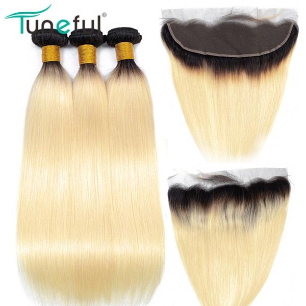 

human hair bulks 1b 613 blonde bundles with frontal closure tuneful brazilian straight remy dark roots, Black