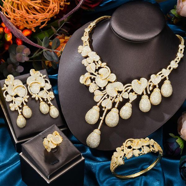 

earrings & necklace soramoore super luxury tassel drop rose flower boom full micro cubic zirconia women wedding dress earring jewelry set, Silver
