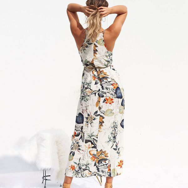 

2021 new summer sleeveless lace up split long boho floral print halter maxi retro cotton beach party vestidos 7tvb, Black;gray