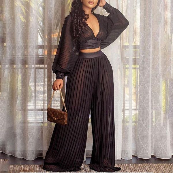 

women's two piece pants 2021 summer women casual plus size sets see through lantern sleeve mesh crop & pleated wide leg, White