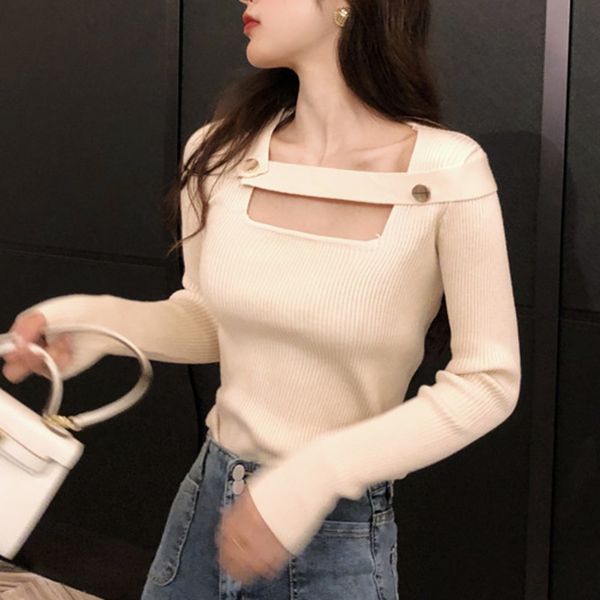 

2021 new autumn winter sweater women hollow out buttons slim pullover long sleeve stretchy knitted jumper bottoming mn5o, White;black