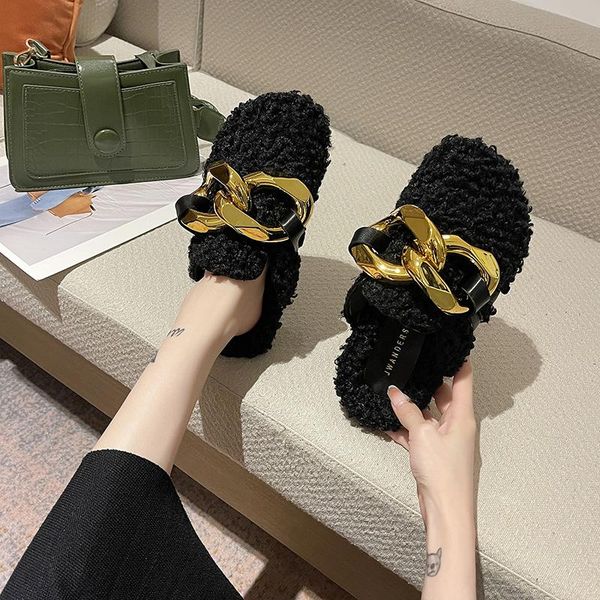 

slippers shoes woman's med flock female mule slides cover toe fur flip flops fashion 2021 mules flat plush luxury rome pu cotton, Black