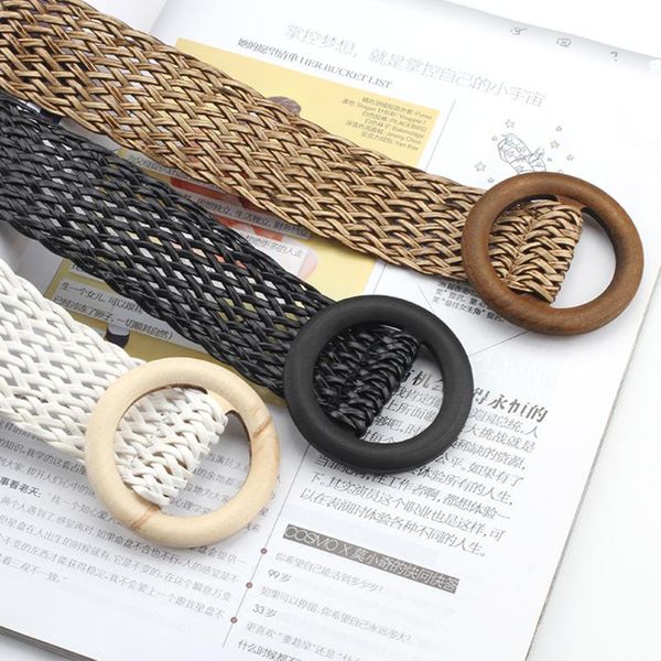 

belts 1pc braided woven straw female belt vintage solid with round wooden buckle summer boho wide knitted dress dropship, Black;brown