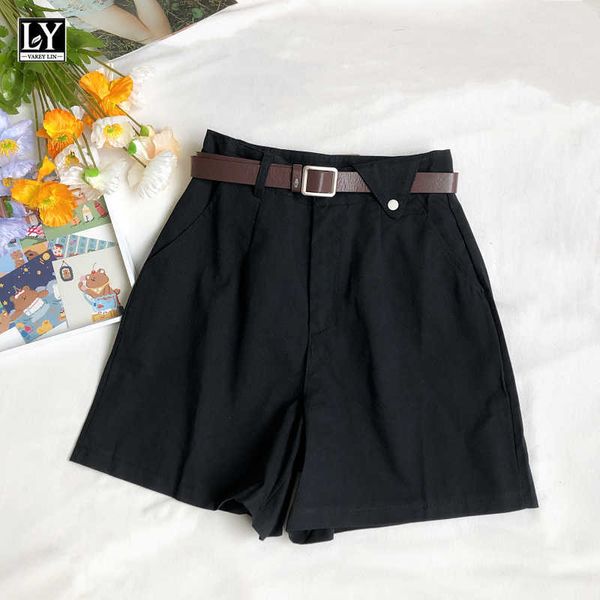 

ly varey lin summer women fashion loose a-line cotton wide leg shorts casual high waist solid color white with belt 210526, White;black