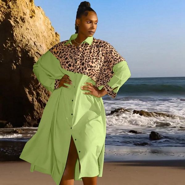 

casual dresses women leopard print patchwork shirt dress full sleeve single breasted loose straight vestidos autumn outfits, Black;gray
