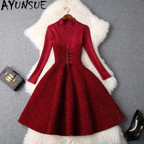 

casual dresses spring dress 2021 women red knitted sweater elegant midi korean winter women's long sleeve vestido vintage kj1766, Black;gray