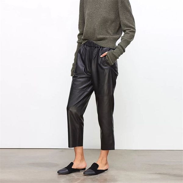 

women pants real leather tousers high waist harem plus size elastic streetwear 211105, Black;white
