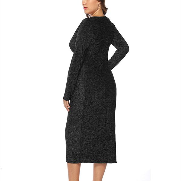 

autumn winter mm plus size ladies elegant bright silk pleated knitted stretch v-neck holiday banquet dress 30ps, Black;gray