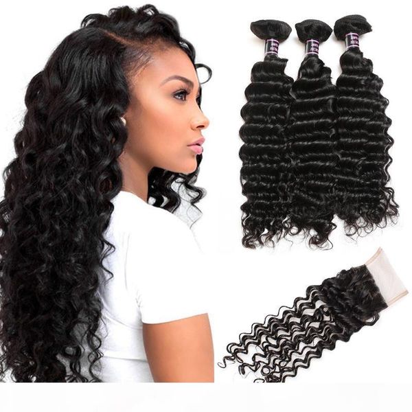 

10a brazilian deep wave curly hair 4 bundles with closure wholesale peruvian malaysian human hair extensions indian human virgin hair, Black
