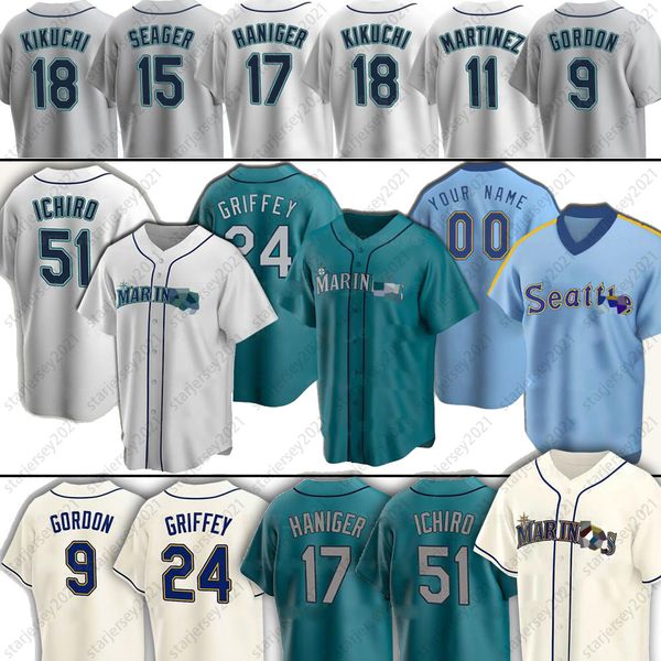 

24 ken griffey jr baseball jerseys 22 robinson cano 51 ichiro suzuki 1 kyle lewis 11 edgar martinez seager 9 dee gordon 7 marco gonzales dyl, Blue;black