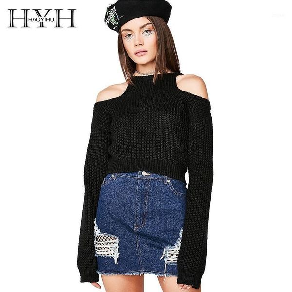 

women's sweaters hyh haoyihui 2021 women fashion brief casual loose autumn winter solid off -shoulder knitshort thin sweater, White;black